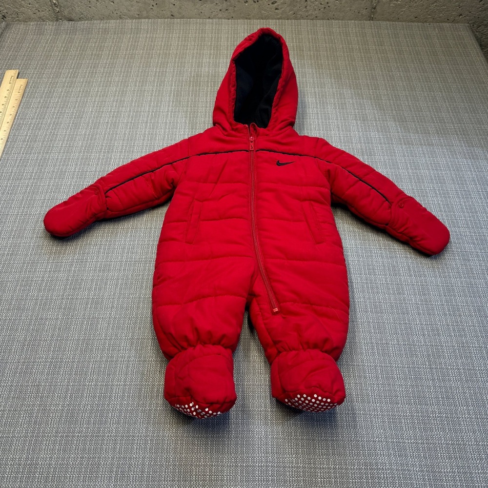 Nike Baby Red Puffer Snowsuit Fleece Lined Hooded Bunting 6-9 Months One Piece
